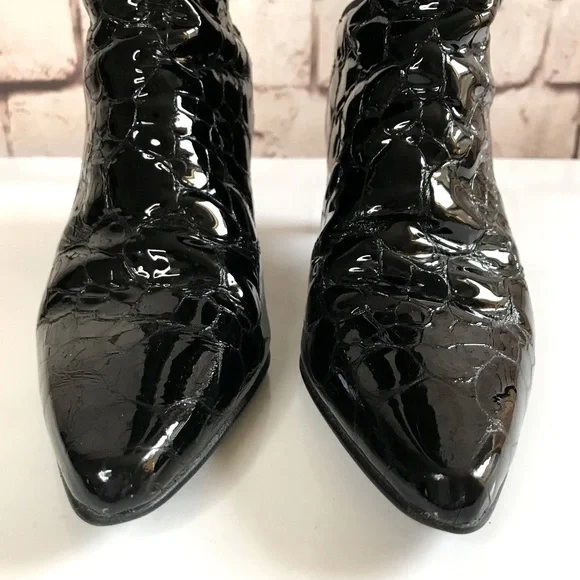 STUART WEITZMAN Croc Embossed 50/50 Ltd Edition Black Patent Leather Heel Boot 4 - Picture 7 of 16